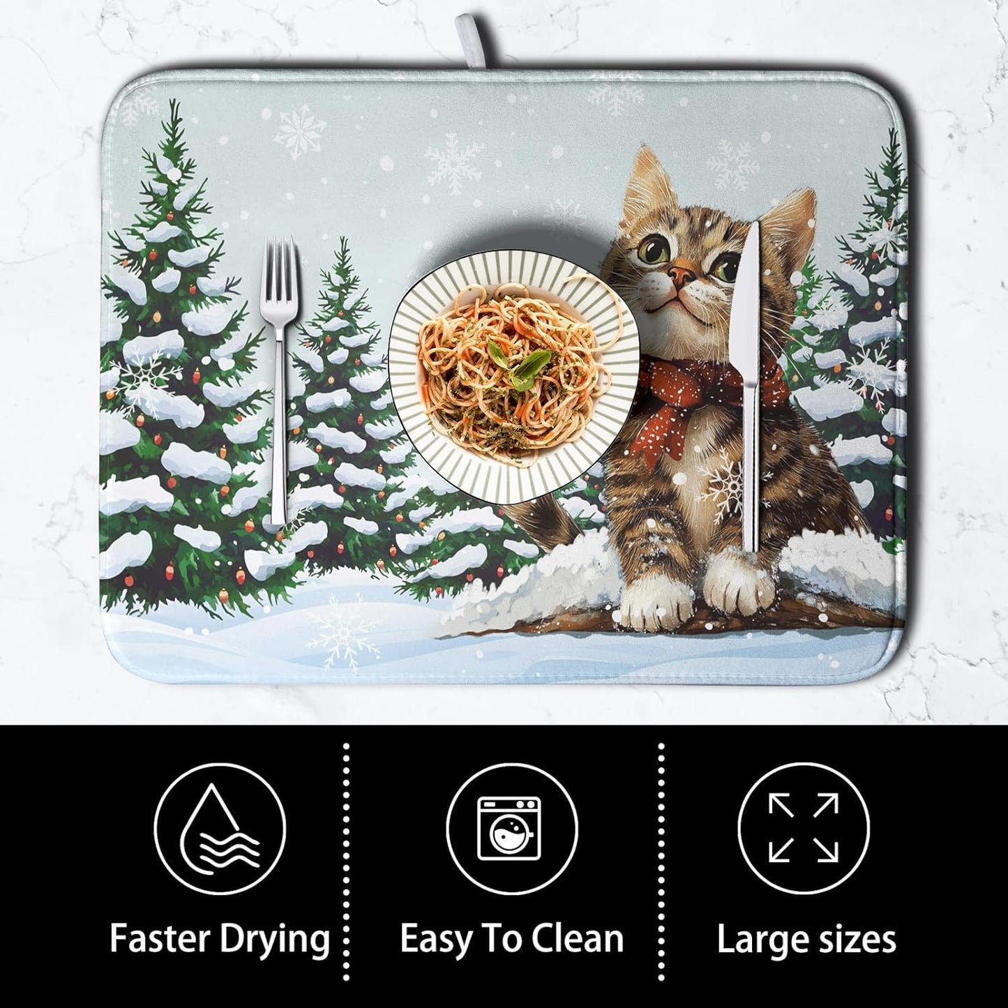 Cat Snow Pine Tree Winter Kitchen Dish Drying Mat 16x18 Inch Cute Kitten Animal Dish Mat Christmas Holiday Super Absorbent Dish Drying Pads Microfiber Dish Drying Mat for Kitchen Counter Sink