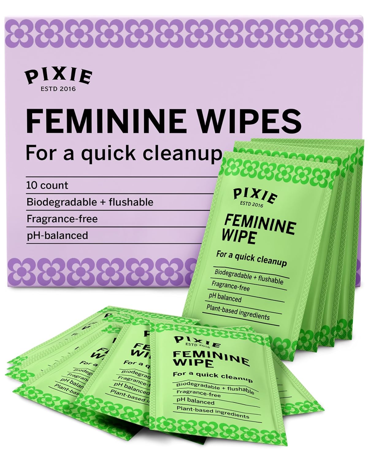 Pixie Feminine Wipes - Flushable, Biodegradable, & Ph Balanced - Best Individually Wrapped Packet Wipes for On The Go & Public Bathrooms - Wash, & Cleaner For Your Menstrual Cups & Discs (10 Count)