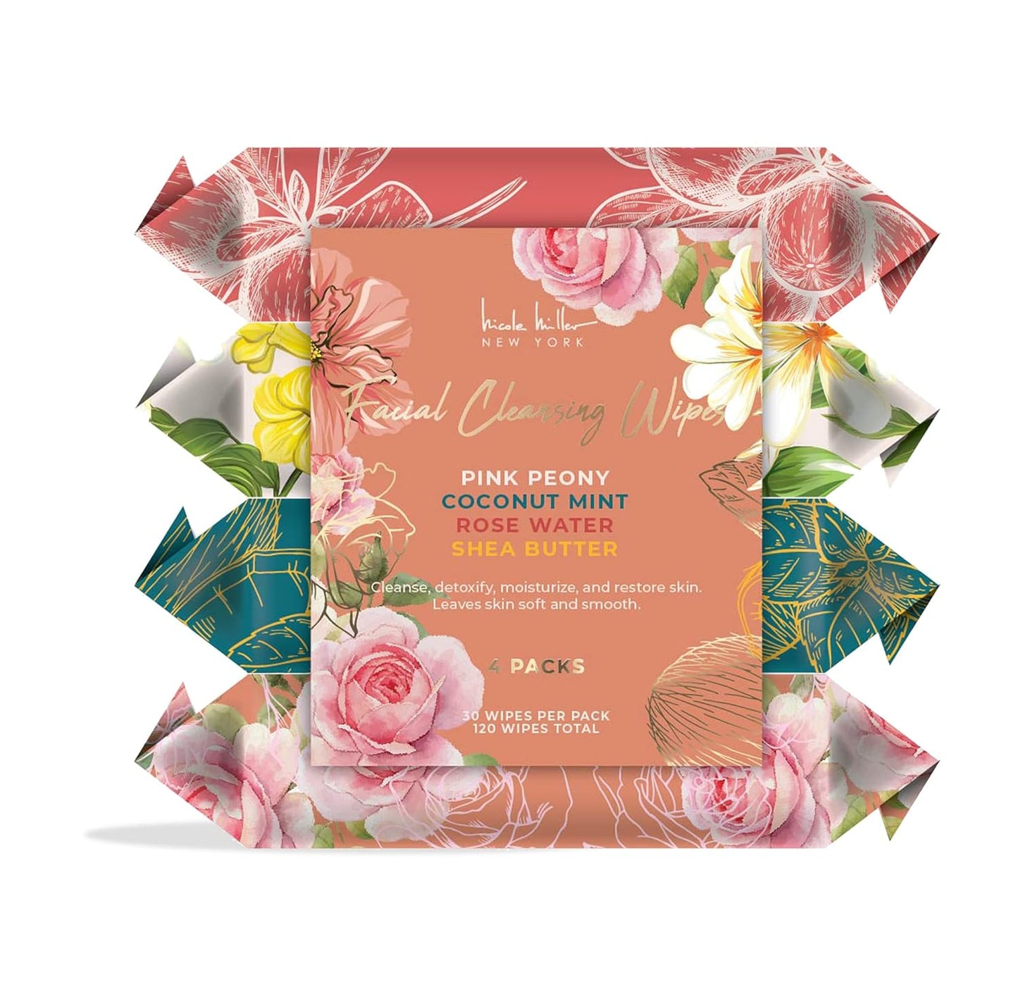 Nicole Miller Pack Facial Cleansing Wipes, Facial Cleansing Cloths, Removes Makeup, Mascara, Dirt and Oil, Peony, Coconut Mint, Rose, Shea Butter