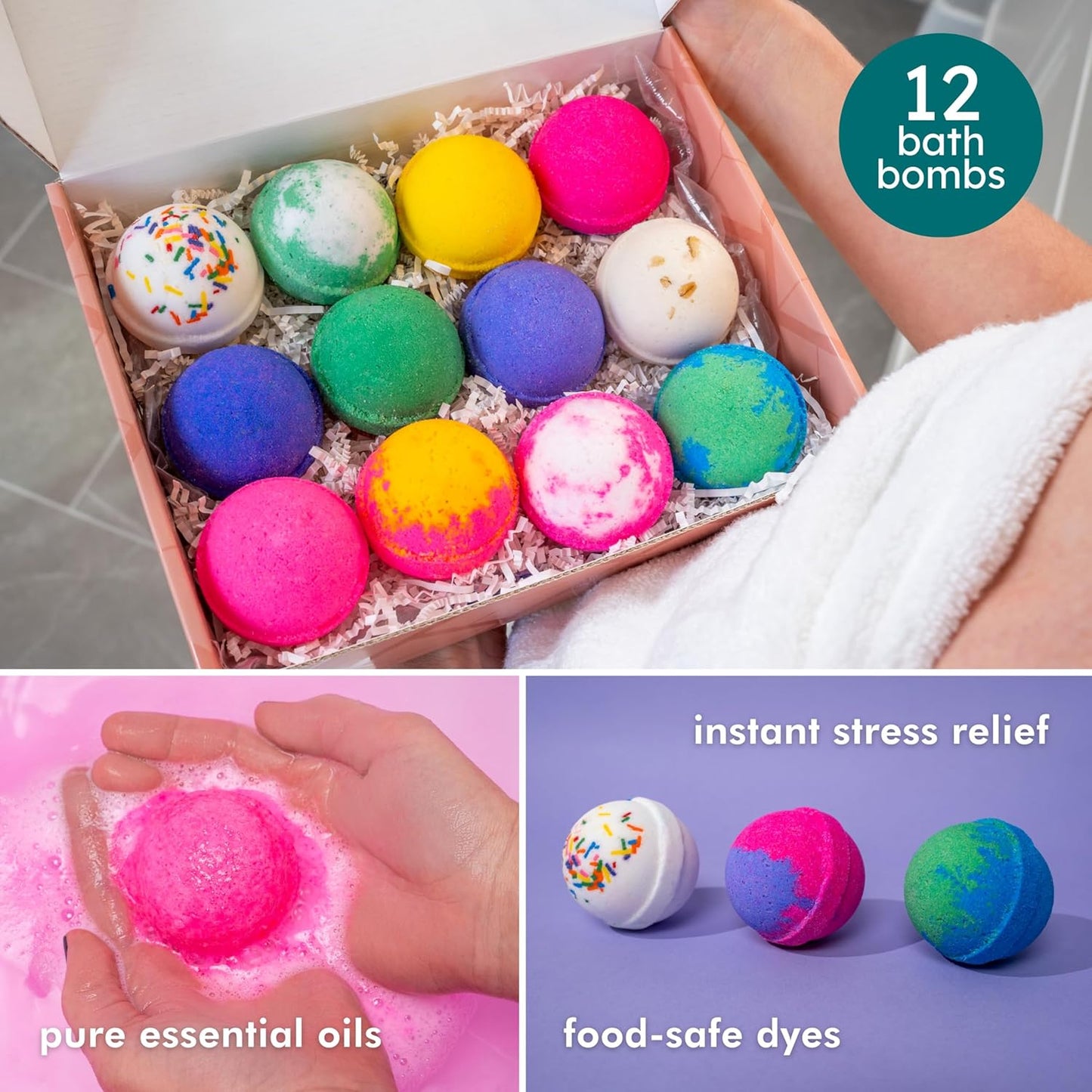 Anovina 12XL Bath Bombs for Women & Kids, Spa Gifts with Essential Oils, Relaxation & Stress Relief, Aromatherapy Bath Products, Made in USA Gift Set, Natural Scented Bath Bombs for Men - 12 Pack