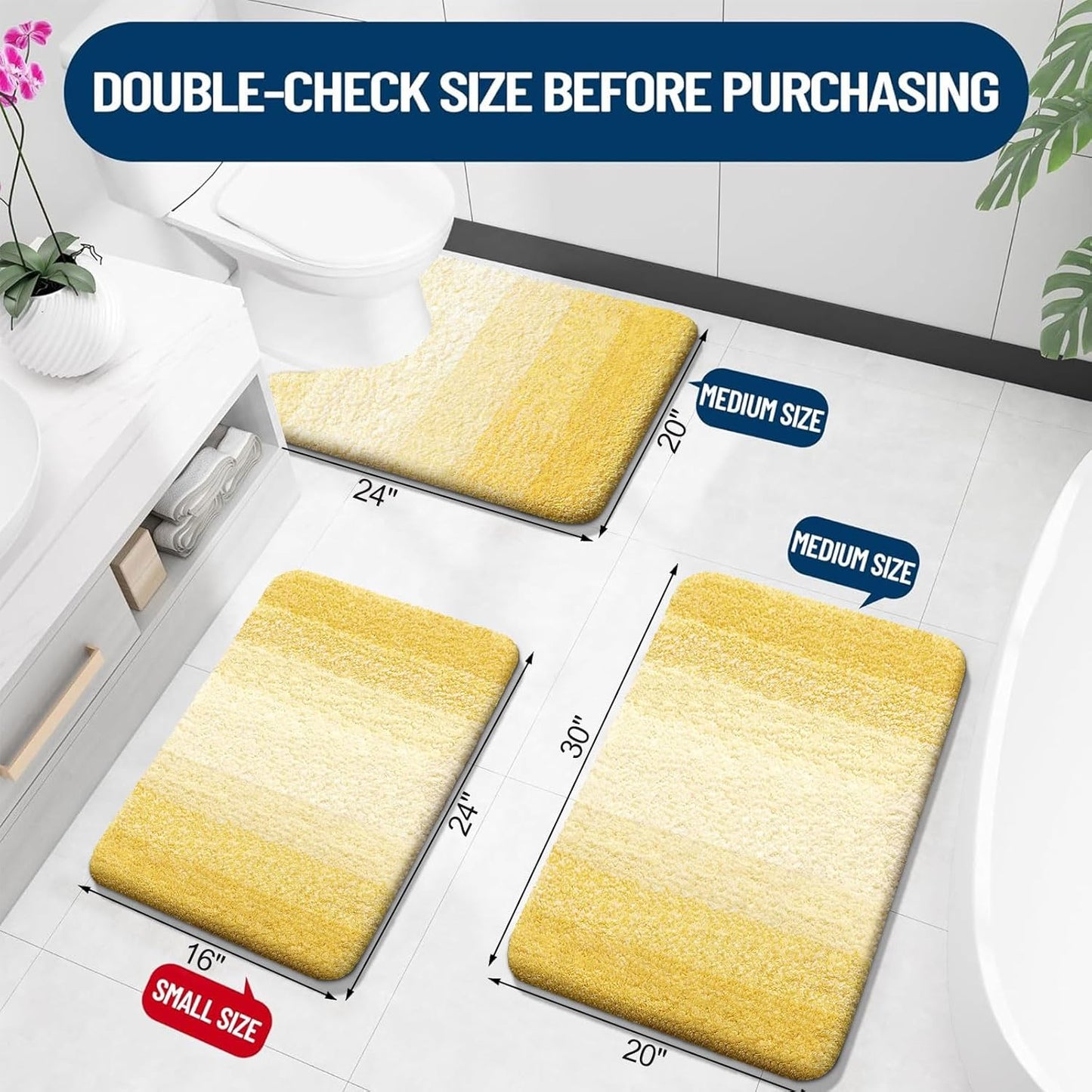 OLANLY Luxury Toilet Rugs U-Shaped 24x20, Extra Soft and Absorbent Microfiber Bathroom Rugs, Non-Slip Plush Shaggy Bath Mat, Machine Wash Dry, Contour Bathroom Mats for Toilet Base, Yellow