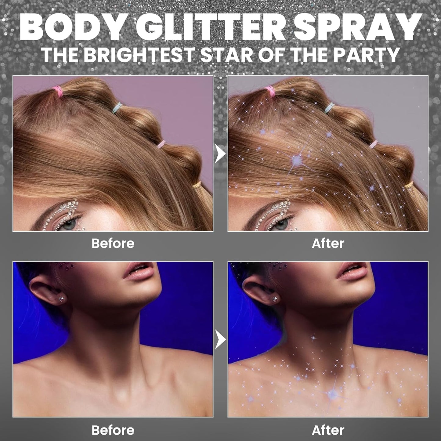 Glitter Spray for Hair and Body, Silver Body Glitter Spray, Quick-Drying and Waterproof Glitter Hairspray, Nozzles are not Easily clogged, Long-Lasting for Stage Makeup, 3.38 oz
