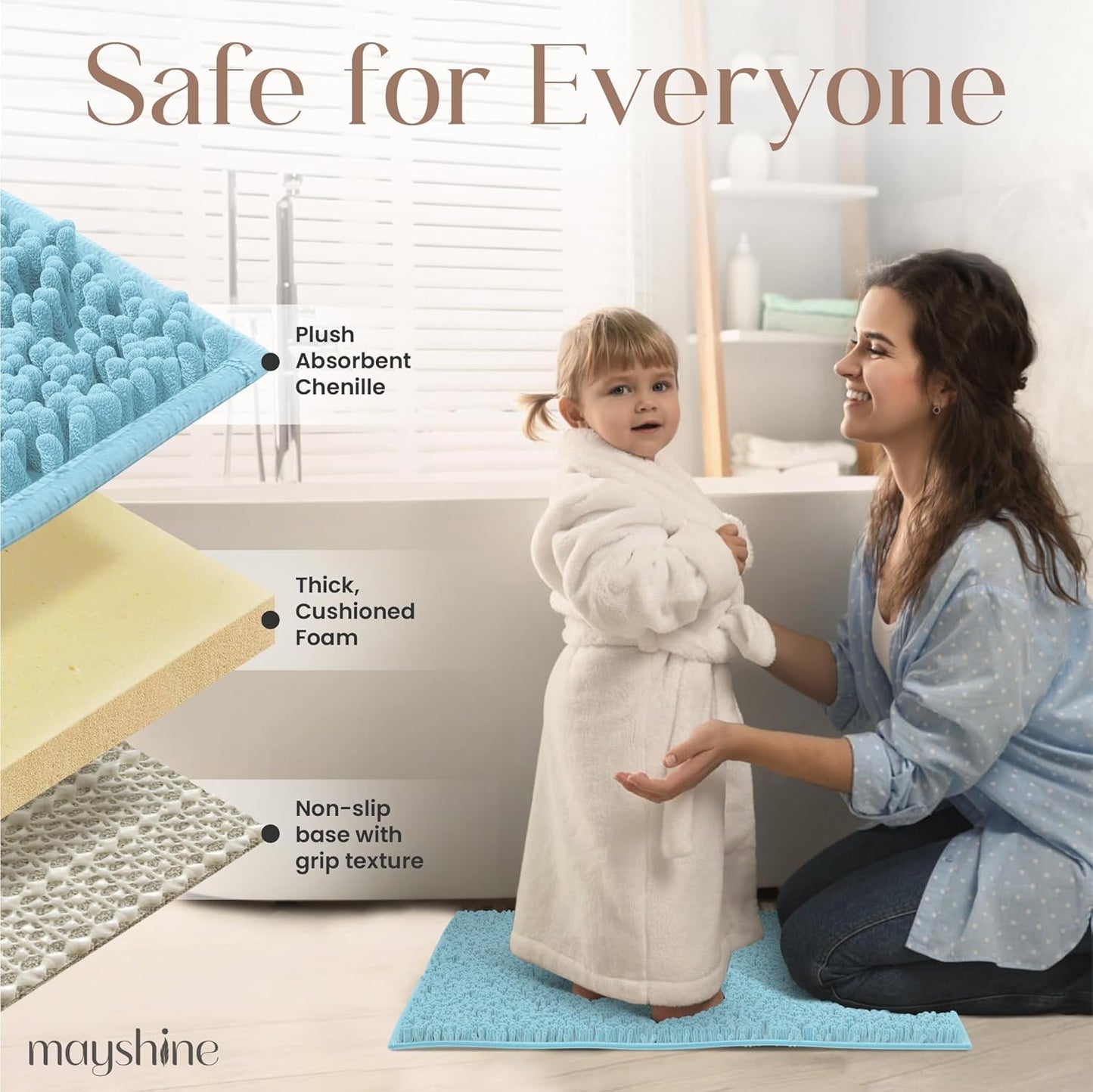 MAYSHINE Plush Shaggy Chenille Bath Mat | Extra Soft, Super Absorbent, Non-Slip Bathroom Rug | Fluffy Microfiber, Area Rug Sets for Bathroom Floor, Kitchen, Living Room | 47"x27" | Spa Blue