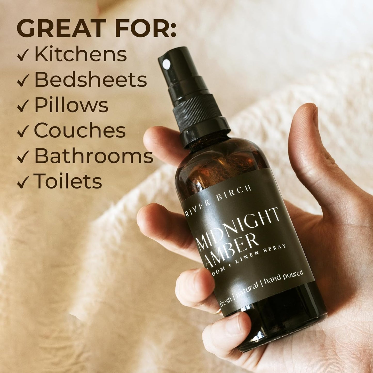 River Birch Luxury Linen and Room Spray - Midnight Amber Home Signature Scent - Room Fragrance Spray - Fragrant Fresh Linen Air Freshener For Bedding - Handmade in Texas - 4 oz Glass Amber Bottle