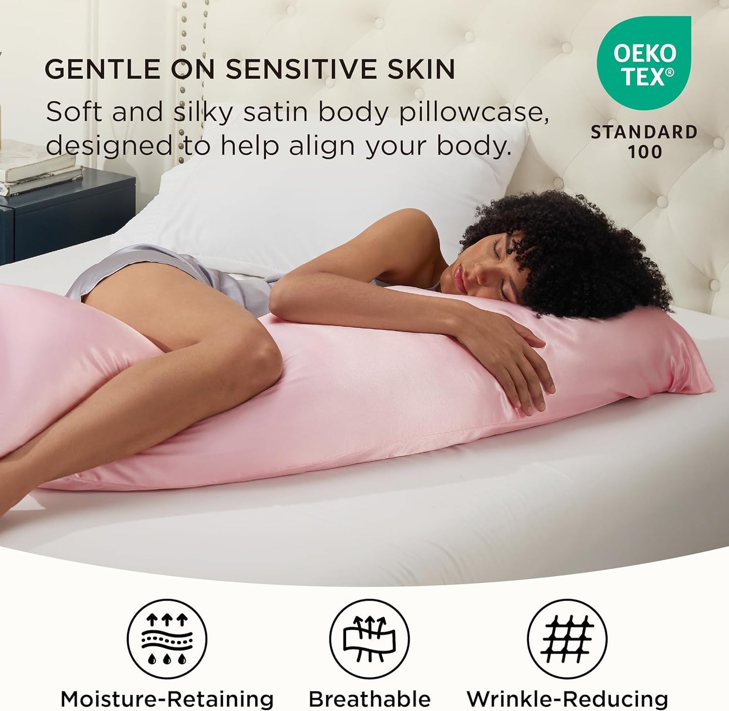 Bedsure Body Pillow Cover 20x54 Inches - Pink Satin Similar to Silk Pillowcase for Hair and Skin, Cooling and Silky Long Body Pillow Pillowcase with Envelope Closure, Gifts for Women Men