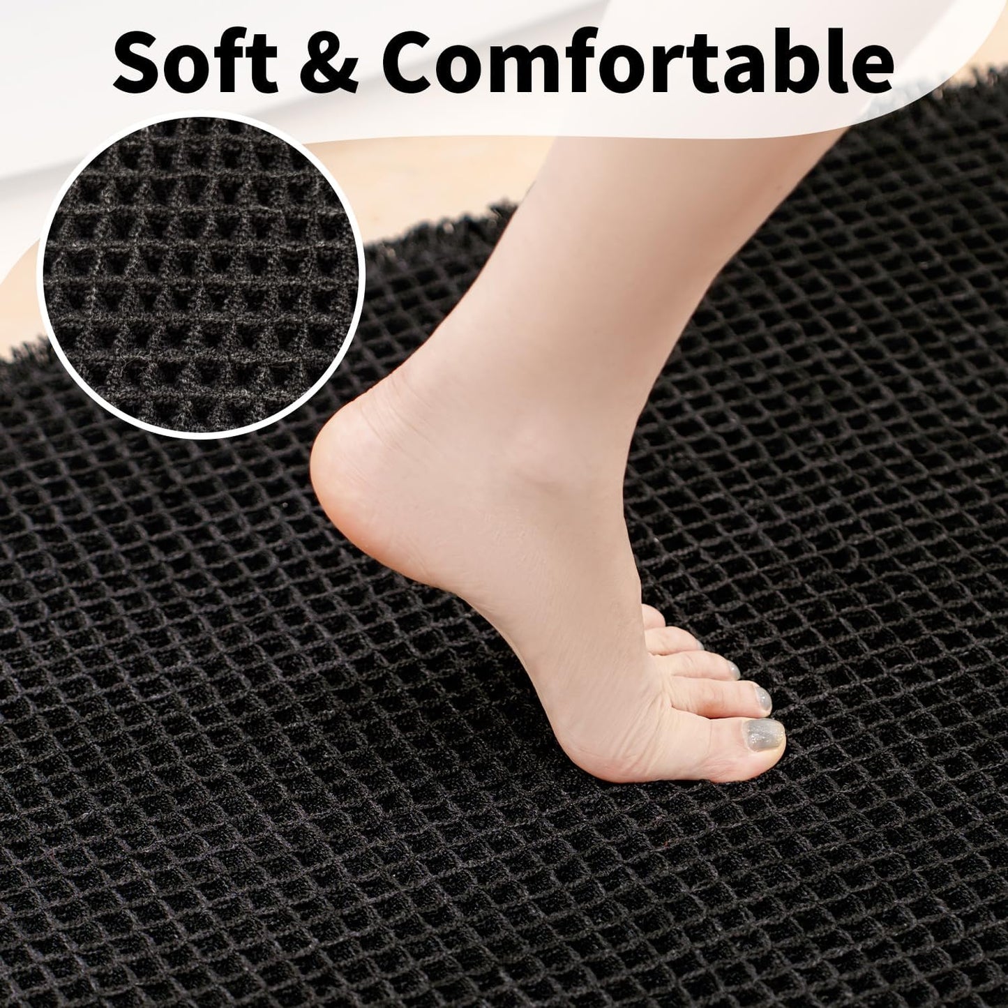 Black Bathroom Rug - Waffle Bath Mat Non Slip Washable, Super Absorbent & Quick Dry, Small Boho Bath Mat Farmhouse Bathroom Decor, 18'' x 30'', Black