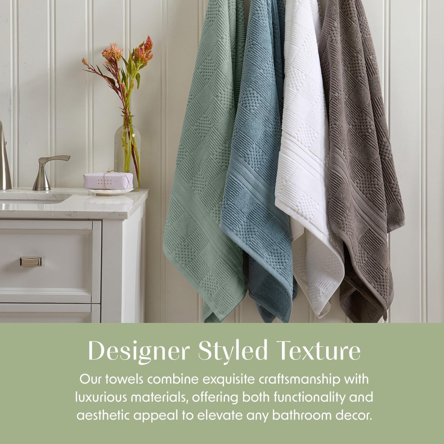 Springtree Home 100% Cotton Bathroom Towel Set | 6 Piece Set - Green Bath Towels | Geometric Textured Design | Absorbent & Quick-Dry | Oeko-TEX® Standard 100 Cotton | Myla Collection - Lily Pad Green