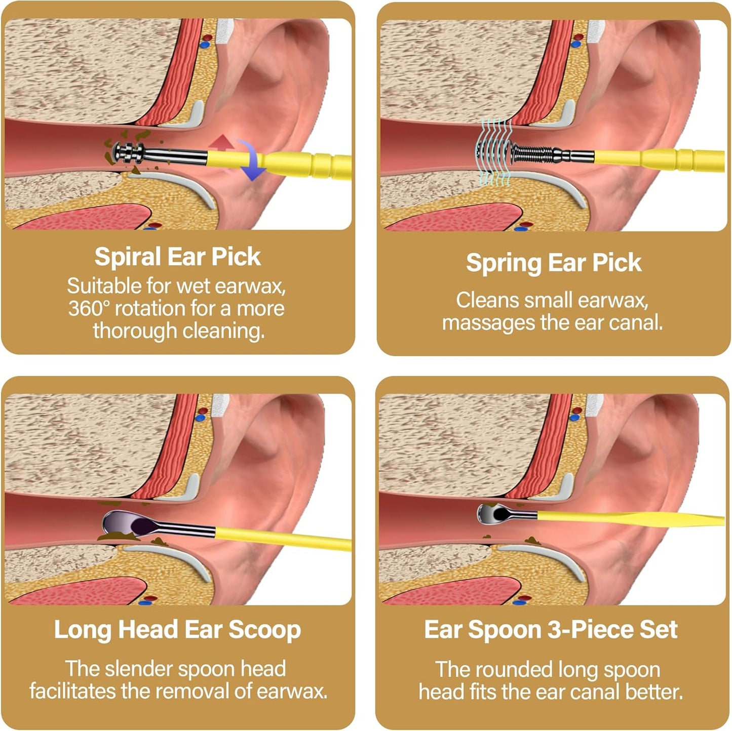 15 Pack Ear Wax Removal Tool Kit with Light - LED Ear Cleaning Kit, Ear Wax Removal for Kids and Adults, Ear Cleaning Tool, Ear Picker Spoon & Ear Tweezers & Spiral Spring Ear Spoon Yellow