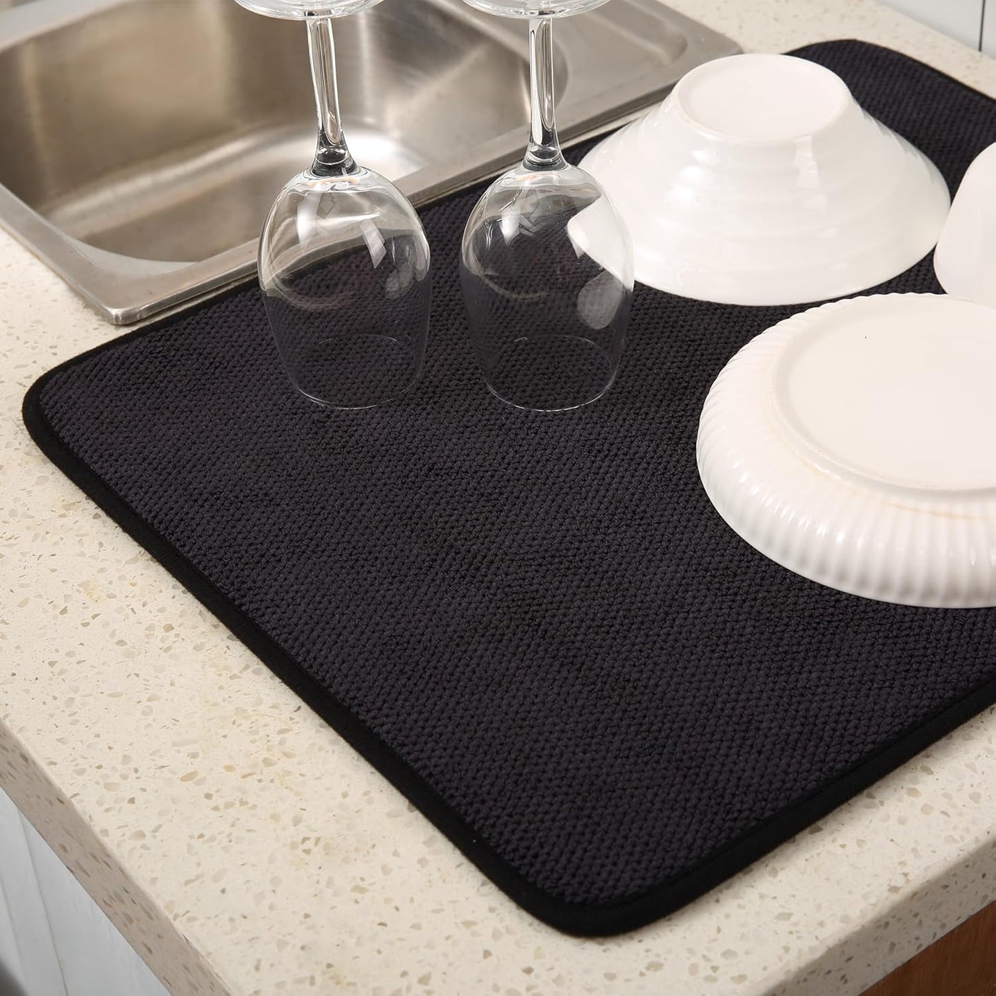 2 Pack Microfiber Dish Drying Mat for Kitchen Counter,Ultra Absorbent Dish Drainer Mat ,Dish Drying Pad , Dish Rack Mat 20×15 Inch (Black)