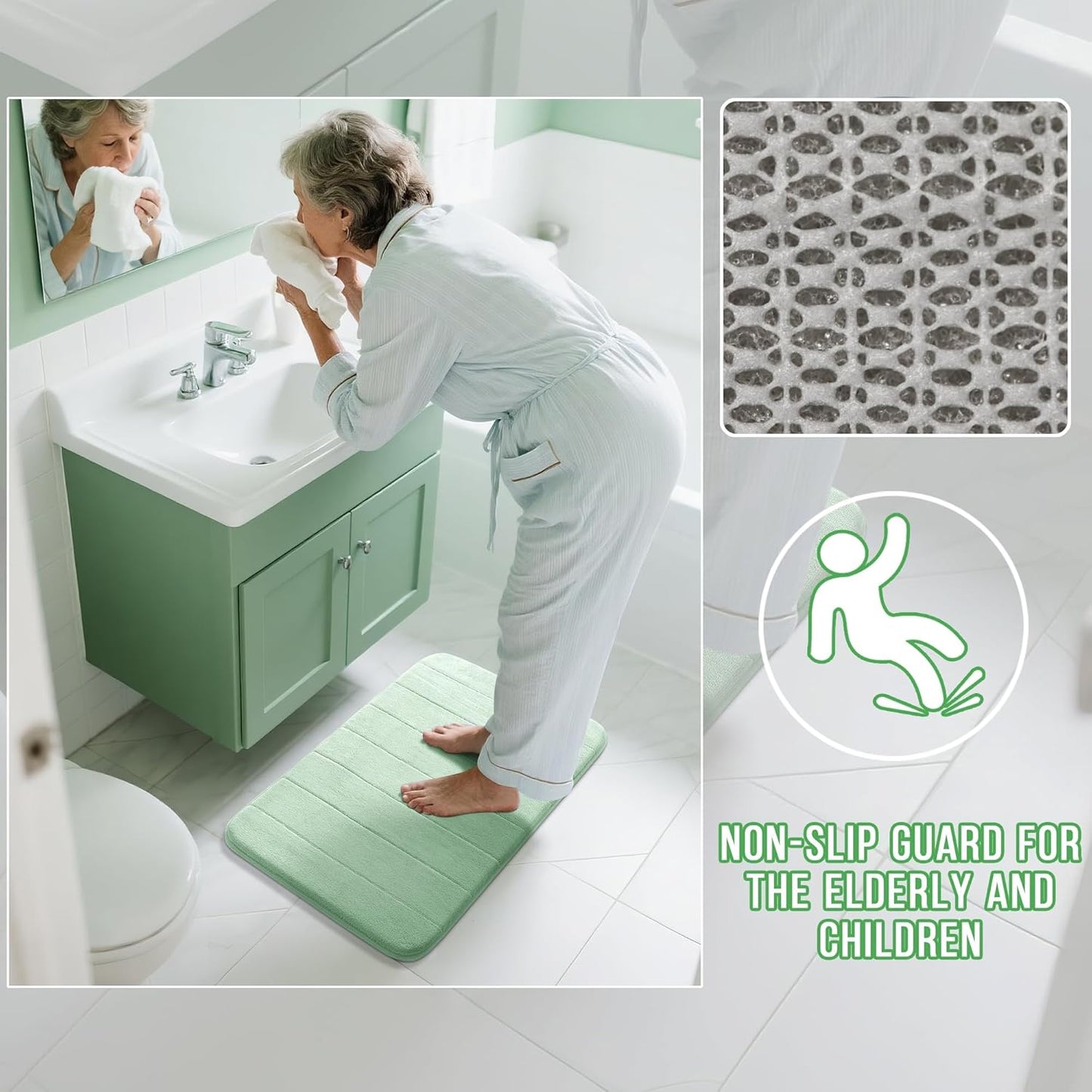 Yimobra Large Bath Mat 36"x24", Super Soft Quick Dry Memory Foam Bathroom Rug, Water Absorbent, Non Slip Backing Machine Washable for Tub Shower, Thick Comfort Support, Pale Green