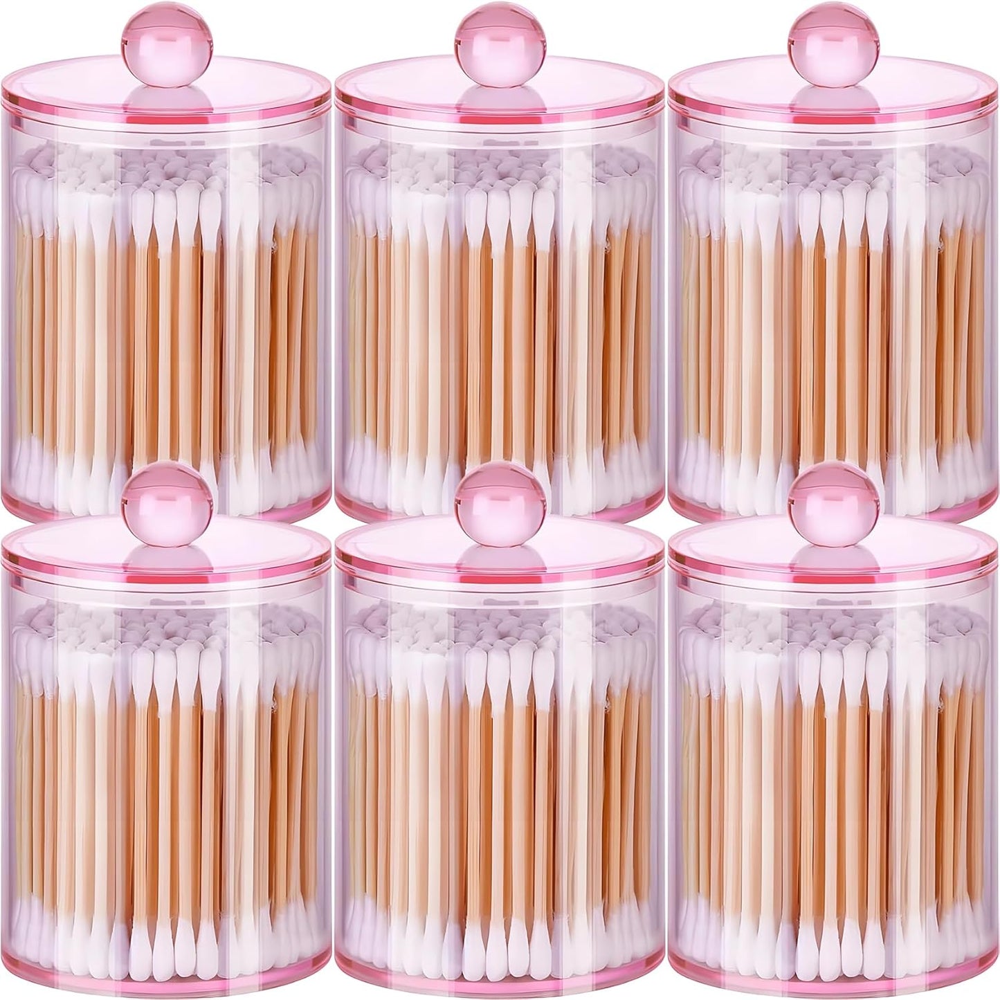 AXX Qtip Dispenser Apothecary Jars Bathroom - Qtip Holder Storage Canister Clear Plastic Jar for Cotton Swab,Q-Tips,Cotton Rounds (Pink 6Pcs)