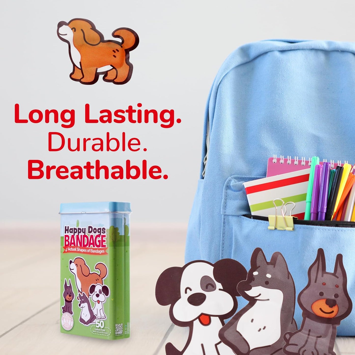 BioSwiss Kids Bandages, Happy Dog Shaped Self Adhesive Bandage Set, Latex Free, Sterile Wound Care, 50 Count