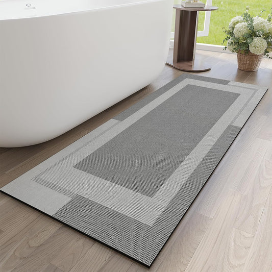 Non Slip Long Bathroom Runner Rug Bath Mat, Rubber Backing Ultra Thin Bathroom Rugs Fit Under Door Quick Dry Super Absorbent Washable Shower Mat for Bathtub Sink Floor, Grey 17"x59"