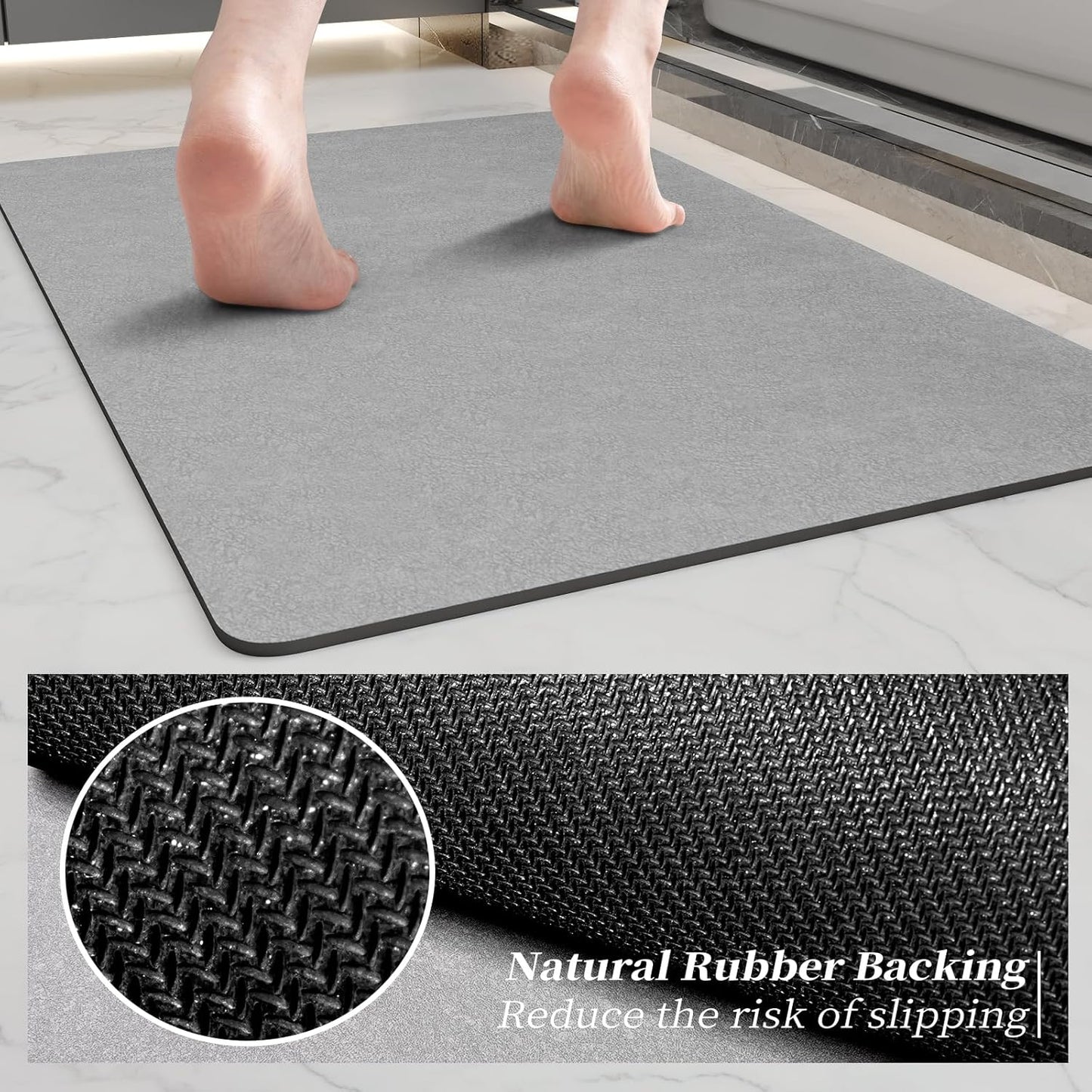 Bath Mat Rugs 24x17 - Diatomaceous Earth Bath Mat Quick Dry Absorbent Bathroom Rugs Rubber Non Slip Thin Bathroom Mat Fit Under Door, Bath Mats for Bathroom Floor, Tub and Shower, Sink, Grey