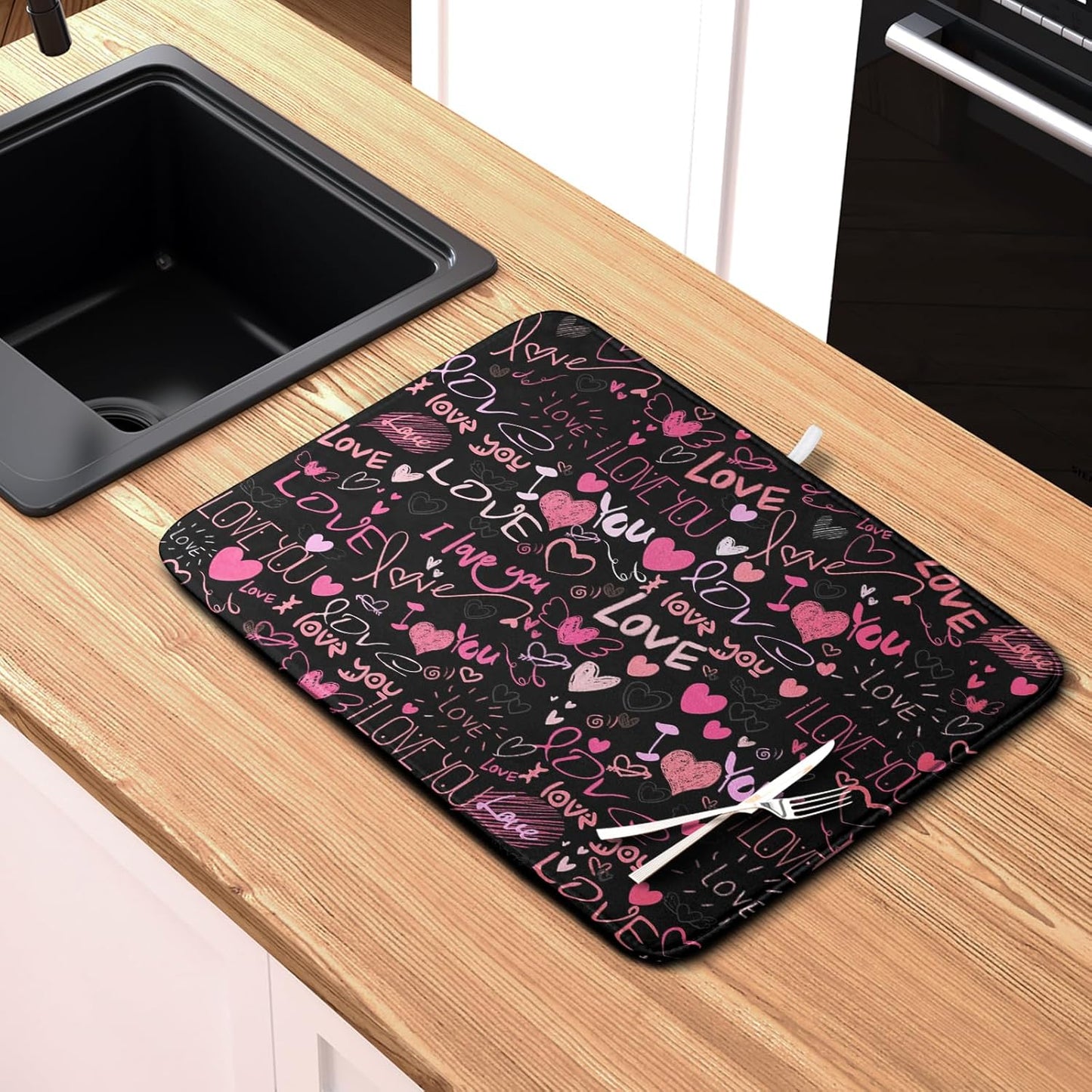 Mother's Day Dish Drying Mat for Kitchen Counter Love Heart Black Drying Mats Absorbent Reversible Microfiber Dish Pad Washable Dish Draining Mat Extra Large 18x24 Inch