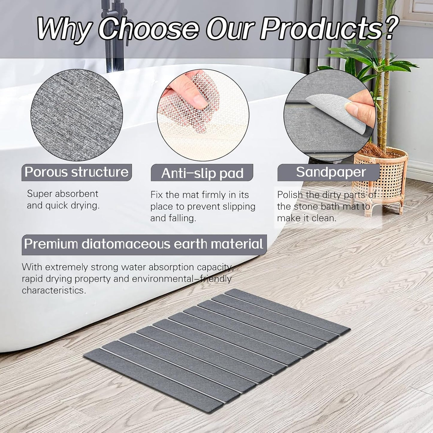 2 Pack Foldable Stone Bath Mats, Gray Super Absorbent Diatomaceous Earth Bath Rug, Non-Slip Shower Mat, Quick-Drying Bath Rug and Drying Mat for Tub and Shower