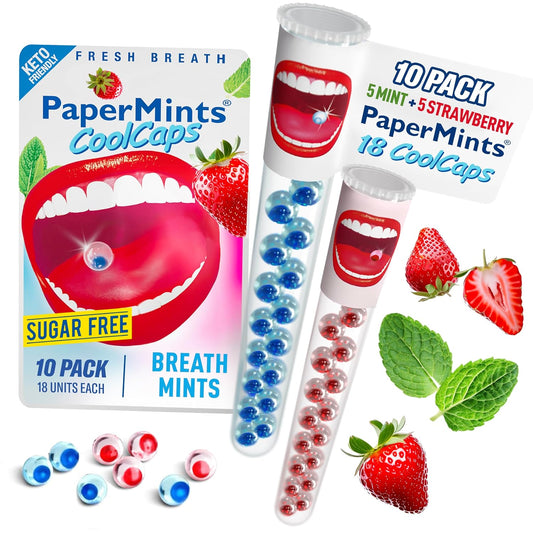 PaperMints CoolCaps Instant Fresh Breath Mints Sugar-Free Breath Freshener, Chronic bad breath treatment for adults, Dry Mouth product. Variety pack - 10 Tubes of 18 capsules