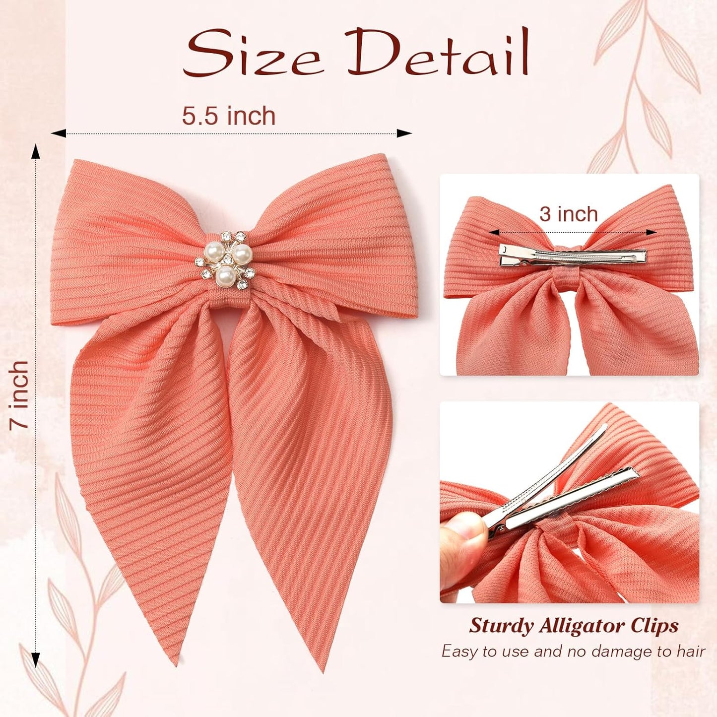 6PCS Hair Bow for Women, Pearl Bow Hair Clips for Girls, Cute Silky Satin Hair Bow Clips, Pink Bow Clip Long Tail, Bows Accessories for Gift