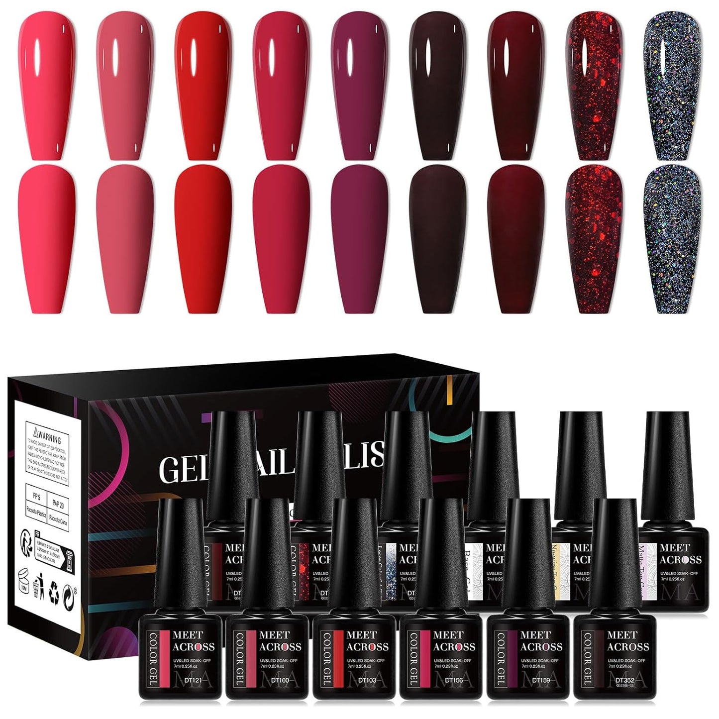 MEET ACROSS 9 Colors Gel Nail Polish + 3PCS Function Gel Nail Polish Kit,Fashion Nail Art Set Design Gifts for Women Manicure Salon (SET1, 12pcs)