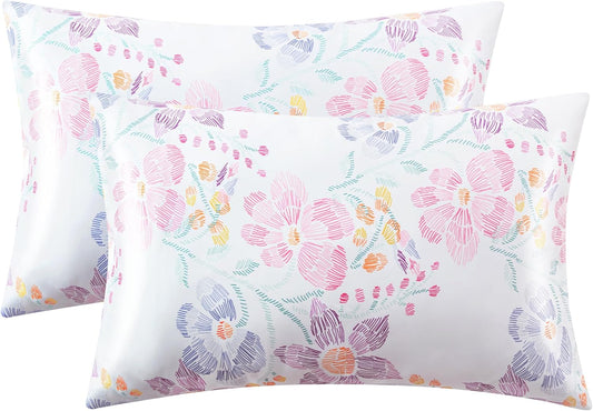 EXQ Home Satin Pillowcase for Hair and Skin - Multicolor Printed Flower Silk Pillowcase 2 Pack 20x26 inches - Standard Size Satin Pillow Cases Set of 2 with Envelope Closure