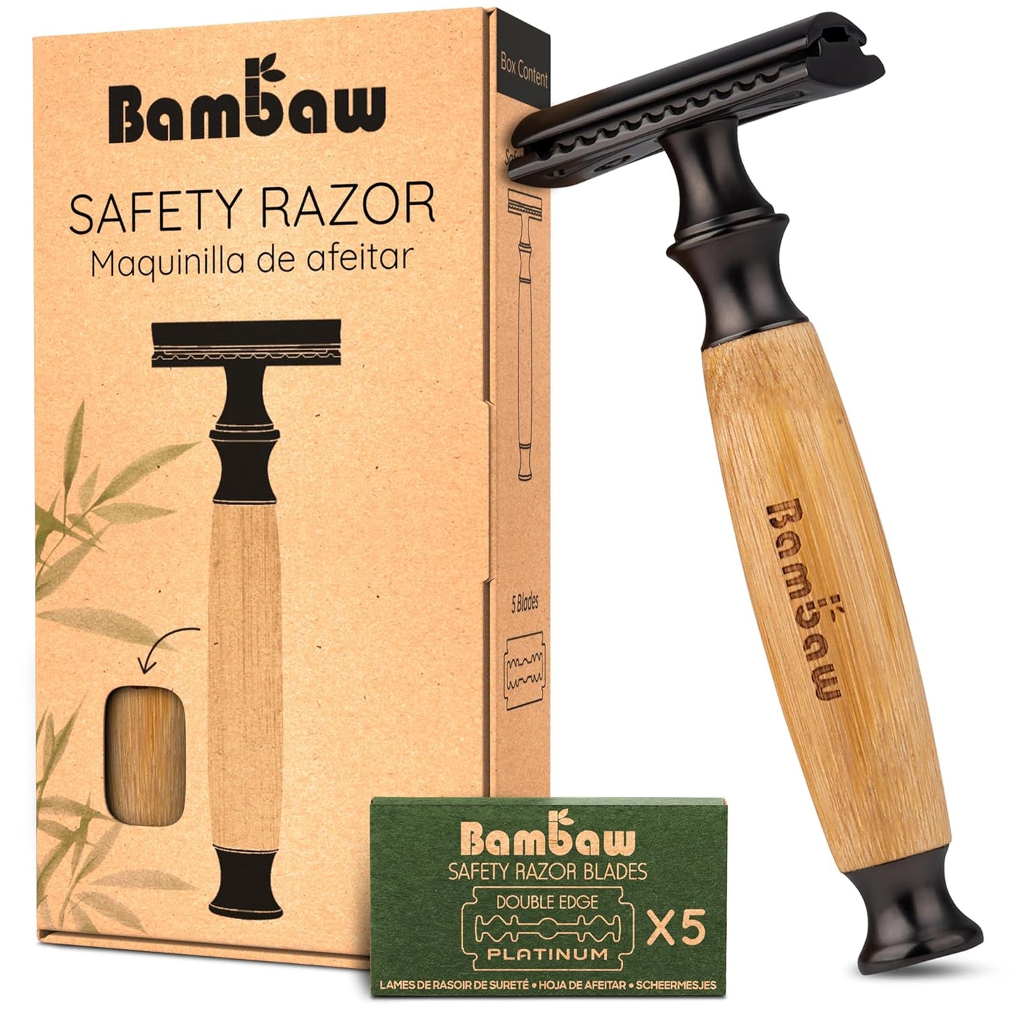 Bambaw Safety Razors for Men & Women, Reusable Razor with 5 Blades, Double Edge Safety Razor, Eco-Friendly & Plastic Free – Thick Bamboo Black