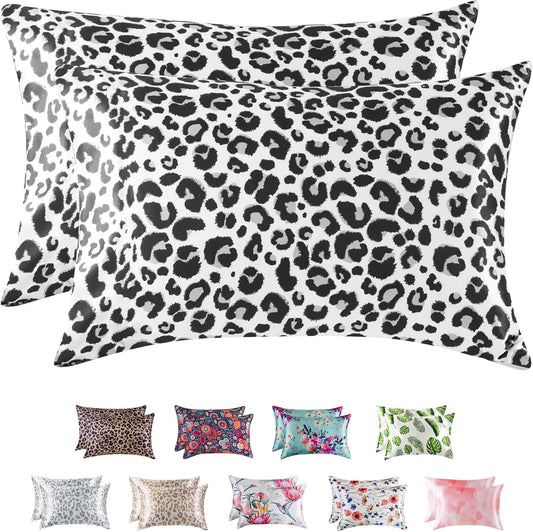 MR&HM Satin Pillowcase for Hair and Skin, Silk Satin Pillowcase 2 Pack, King Size Pillow Cases Set of 2, Silky Pillow Cover with Envelope Closure (20x36, White Leopard)