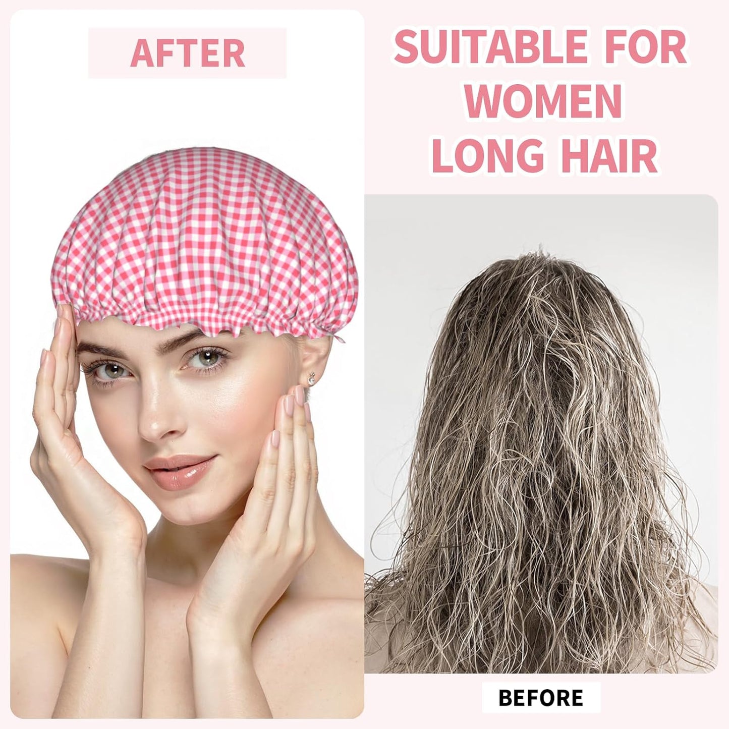 Red Pink Checkered Shower Caps for Women Red Plaid Dual-Layer Waterproof Bath Hat Classic Checkered Pattern Elastic Reusable Hair Cap for Shower Cooking Clean Makeup