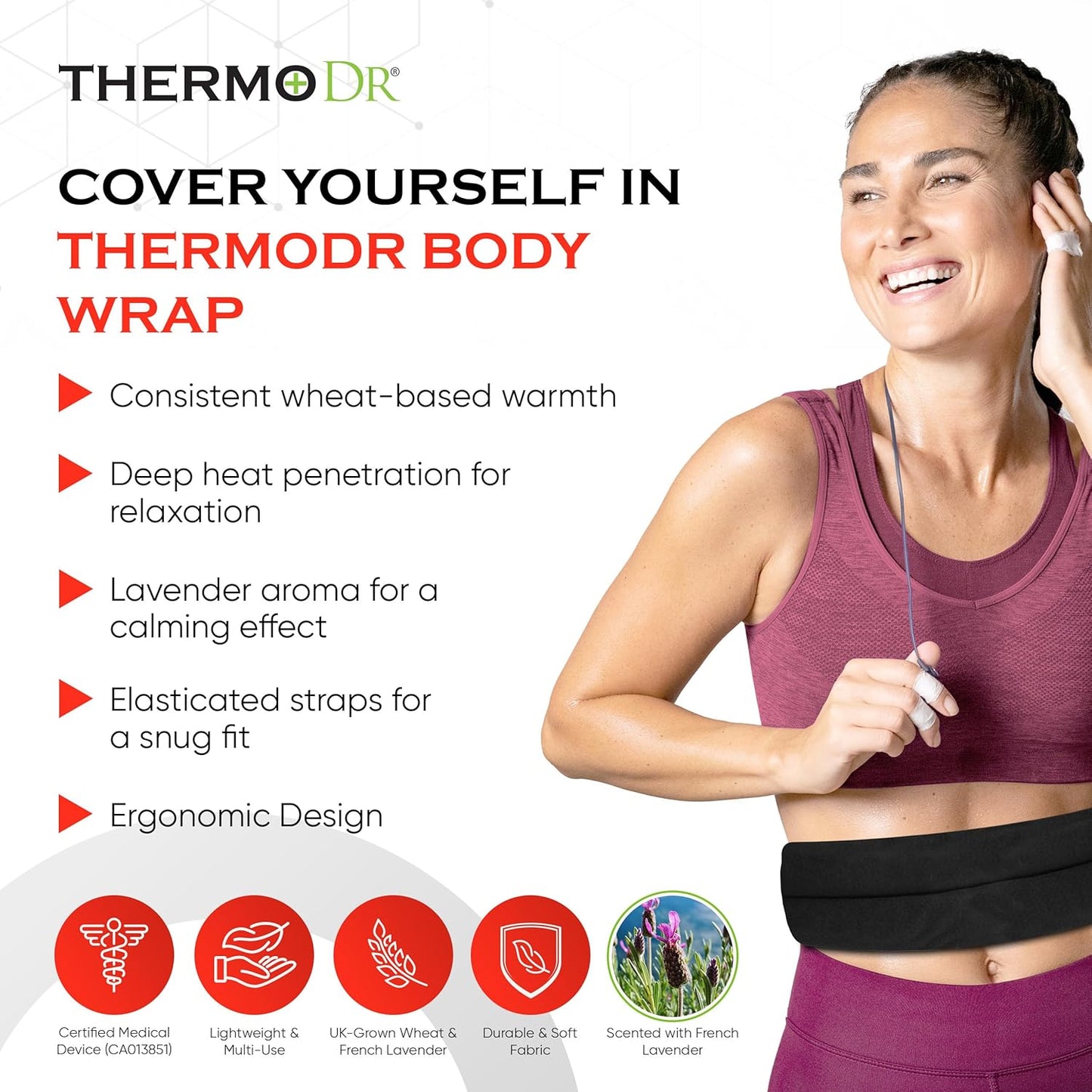 Microwavable Heating Pad for Neck, Back & Shoulders - Heating Bean Bag Microwavable Pillow w/Elasticated Strap - Wheat & Lavender Aromatherapy Heating Pad Wrap - ThermoDR, Black