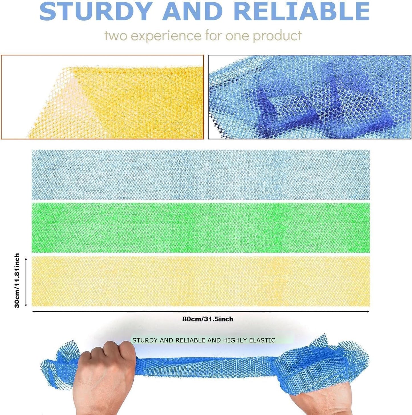 UJFQBH 3 Pieces African exfoliating net African Net Long Net Bath Sponge Exfoliating Shower Body Scrubber Back Scrubber Skin Smoother,Great for Daily Use (Yellow, Green, Blue)