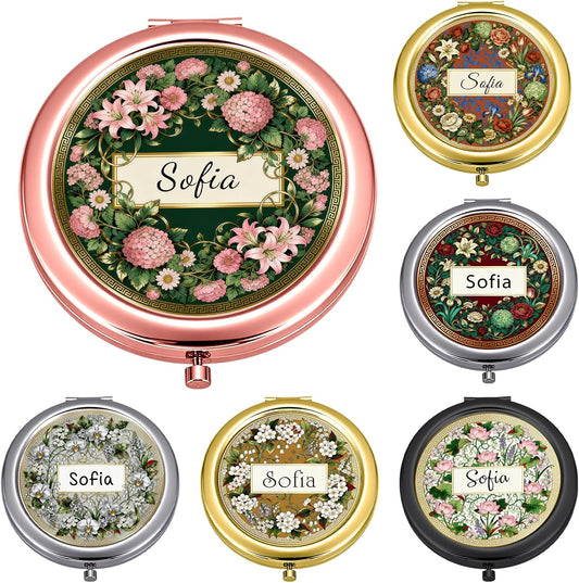 Custom Compact Mirror with Name - Personalized Flip Makeup Travel Pocket Mirror Gift for Women Bridesmaids Wedding Birthday (Classic Flower)