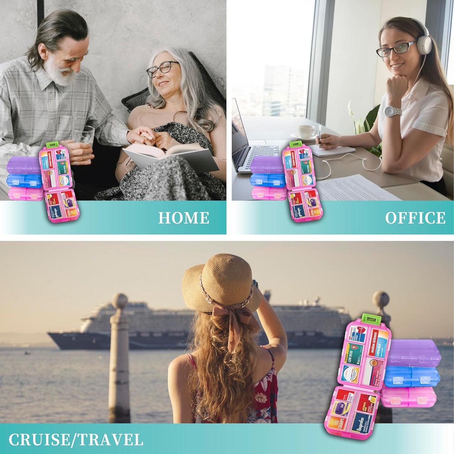 Pill Organizer with Medicine Labels, Travel Daily Pill Container, Mini Medication Organizer, 7-Day Pill Case, Set of 3 (Blue+Pink+Purple)