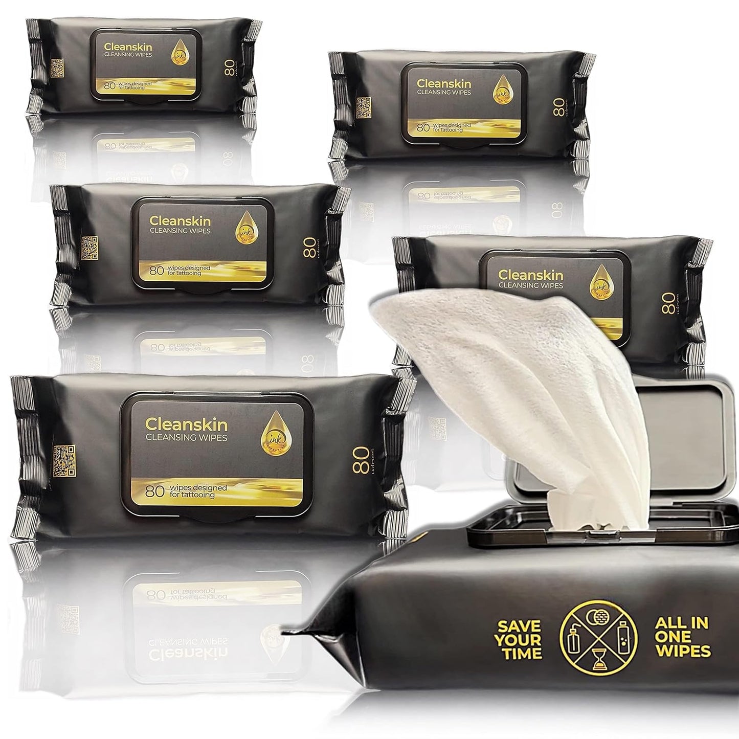 CleanSkin Cleansing Safe Green Soap Wipes for Tattooing All in One solution To Heal and Clean Tattoos, PMU & Piercings, Alcohol and Fragrance Free, Unscented, 80 Count (Pack of 6)