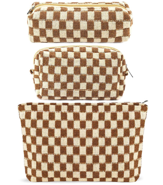 ZLFSRQ 3Pcs Checkered Makeup Bag for Women Large Small Checkered Cosmetic Bag Set Aesthetic Preppy Pencil Case Cute Pencil Pouch Brown Makeup Pouch for Purse Travel Toiletry Bags Zipper Skincare Bags