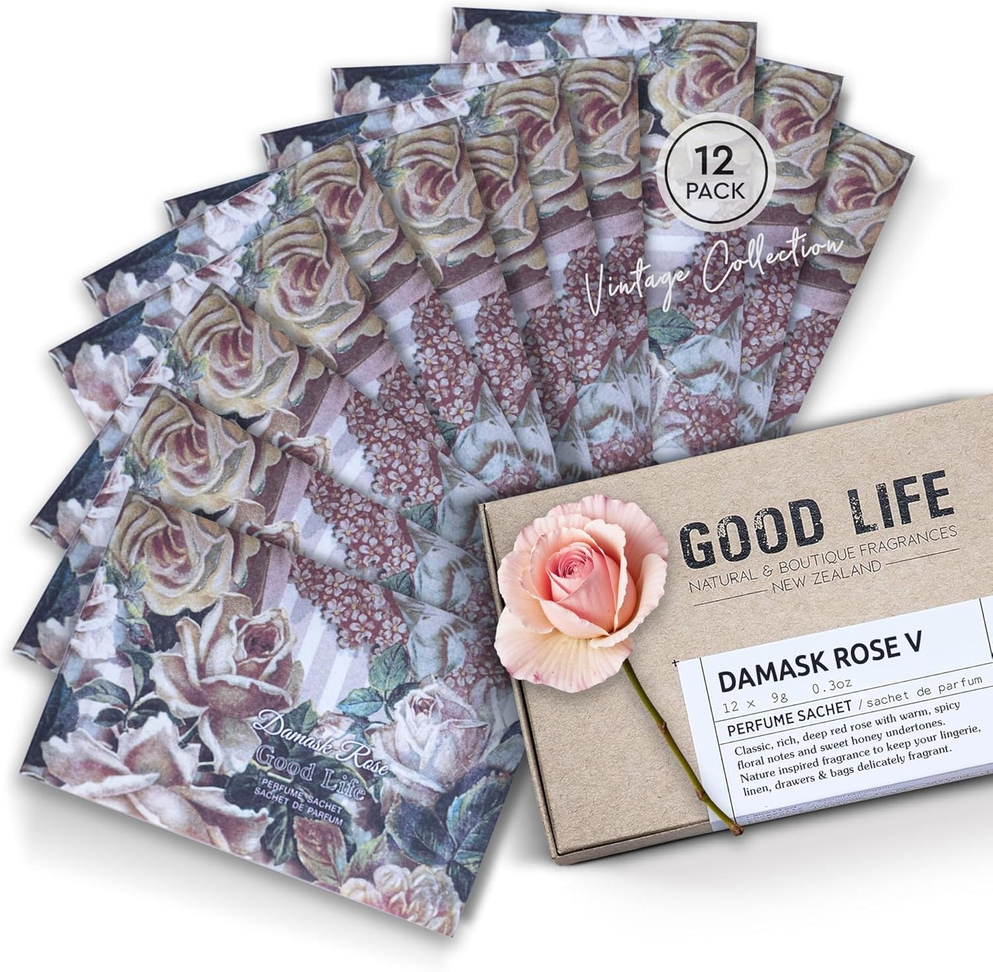 Good Life Damask Rose Scented Sachets | Designed in New Zealand | 12 Sachets – Vintage