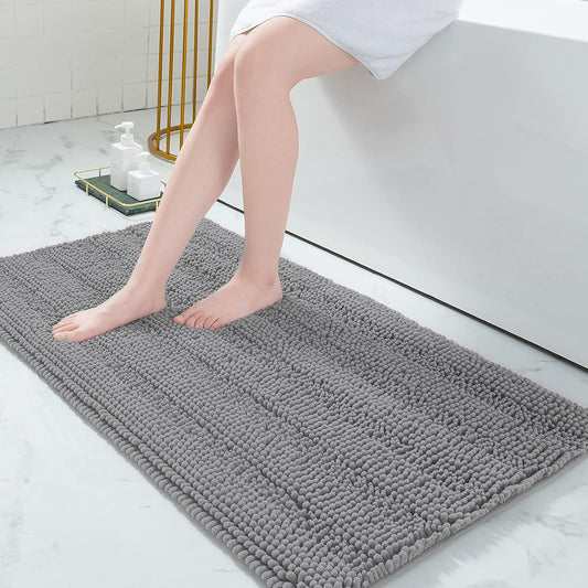 Grandaily Chenille Striped Bathroom Rugs 47x24, Extra Thick and Absorbent Bath Mats, Non-Slip Soft Plush Shaggy Shower Carpet, Machine Wash Dry, Bath Rug for Bathroom, Dark Gray