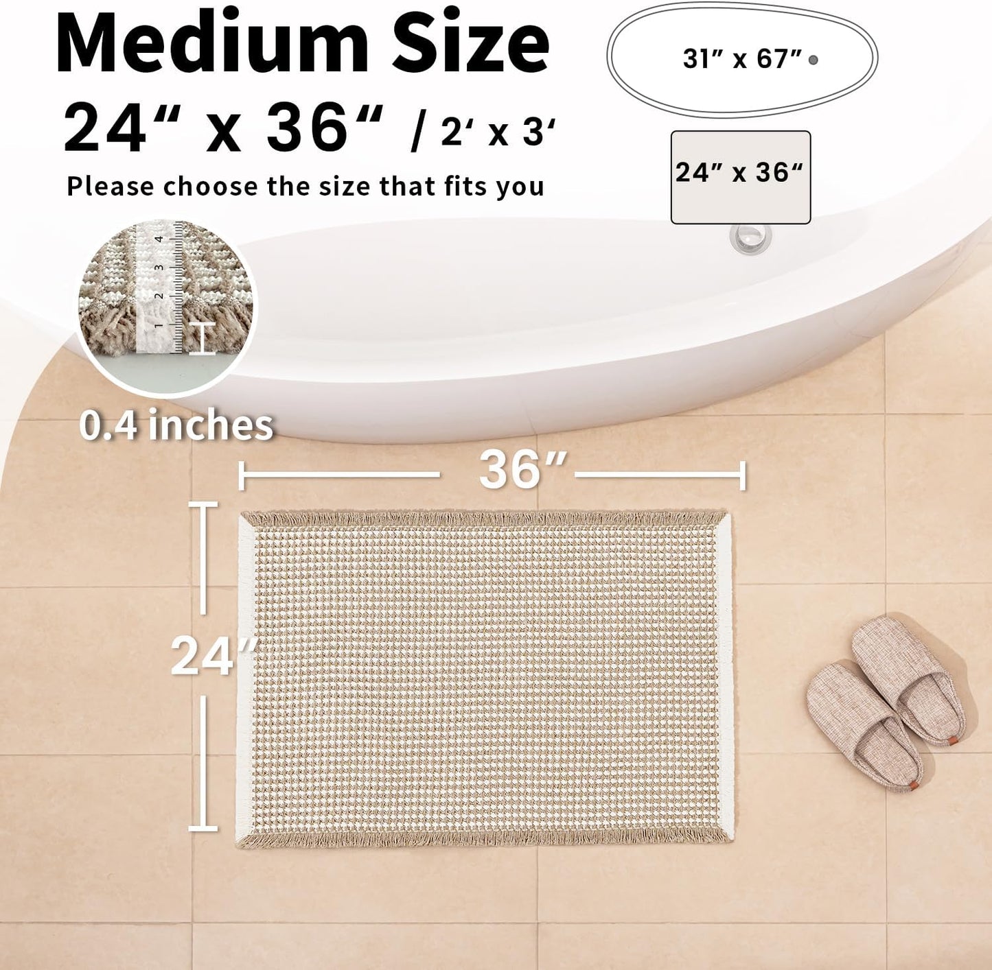 Waffle Bath Mat - Boho Bathroom Rugs Non Slip Washable, Super Absorbent & Quick Dry, Soft Bath Mat Farmhouse Bathroom Decor, 24'' x 36'', Khaki and White