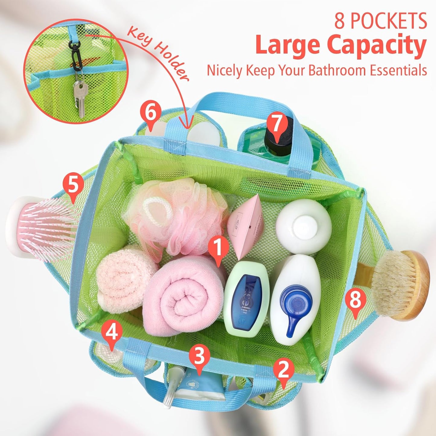 F-color Mesh Shower Caddy Portable, Upgrade Deeper 7 Pockets Shower Bag Basket Bag Tote for College Dorm Room Toiletry Bathroom Essentials Gym Camp Quick Dry 2 handles with S Hook