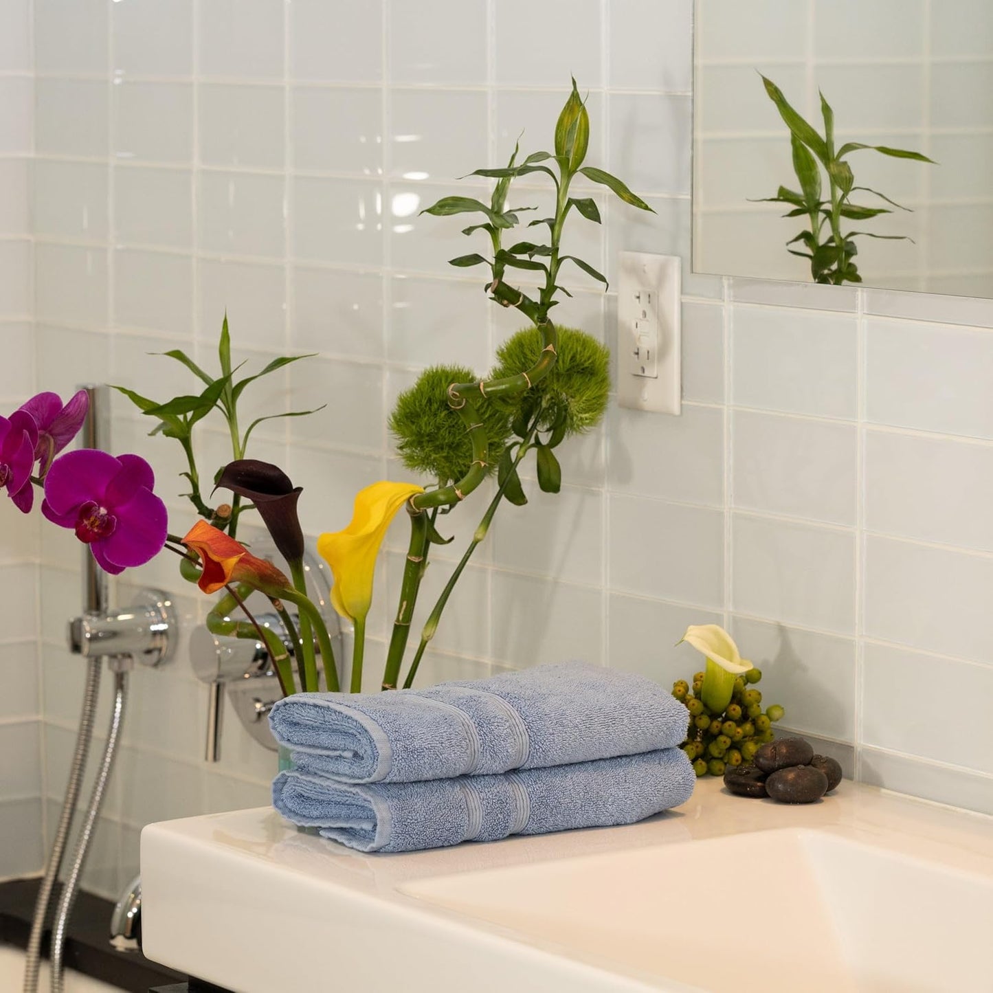 Mosobam Luxury Turkish Set of 12 Hand Towels 16X30 Allure Blue 700 GSM Bamboo Viscose & Aegean Turkish Combed Cotton