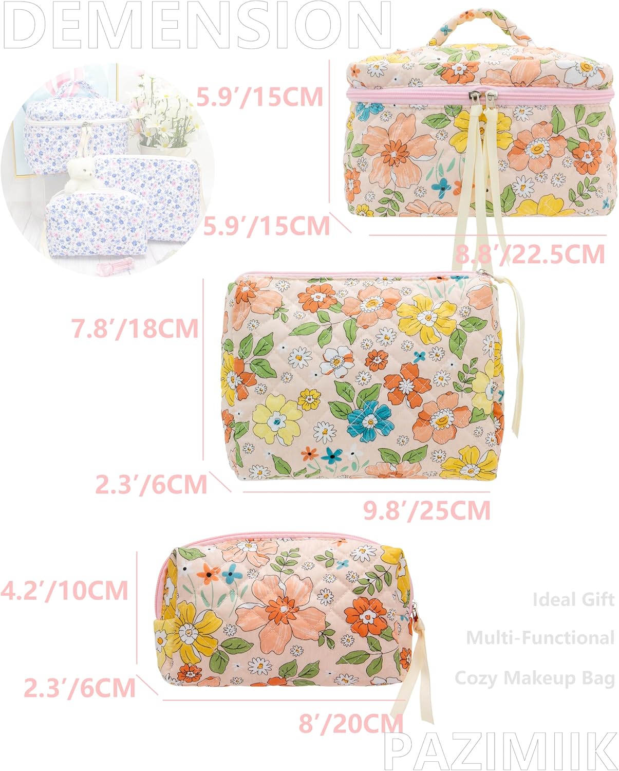 PAZIMIIK 3PCS Makeup Bag SET Large Travel Quilted Zipper Soft Cosmetic Case Pouch for Women Girls Make Up,Floral Orange