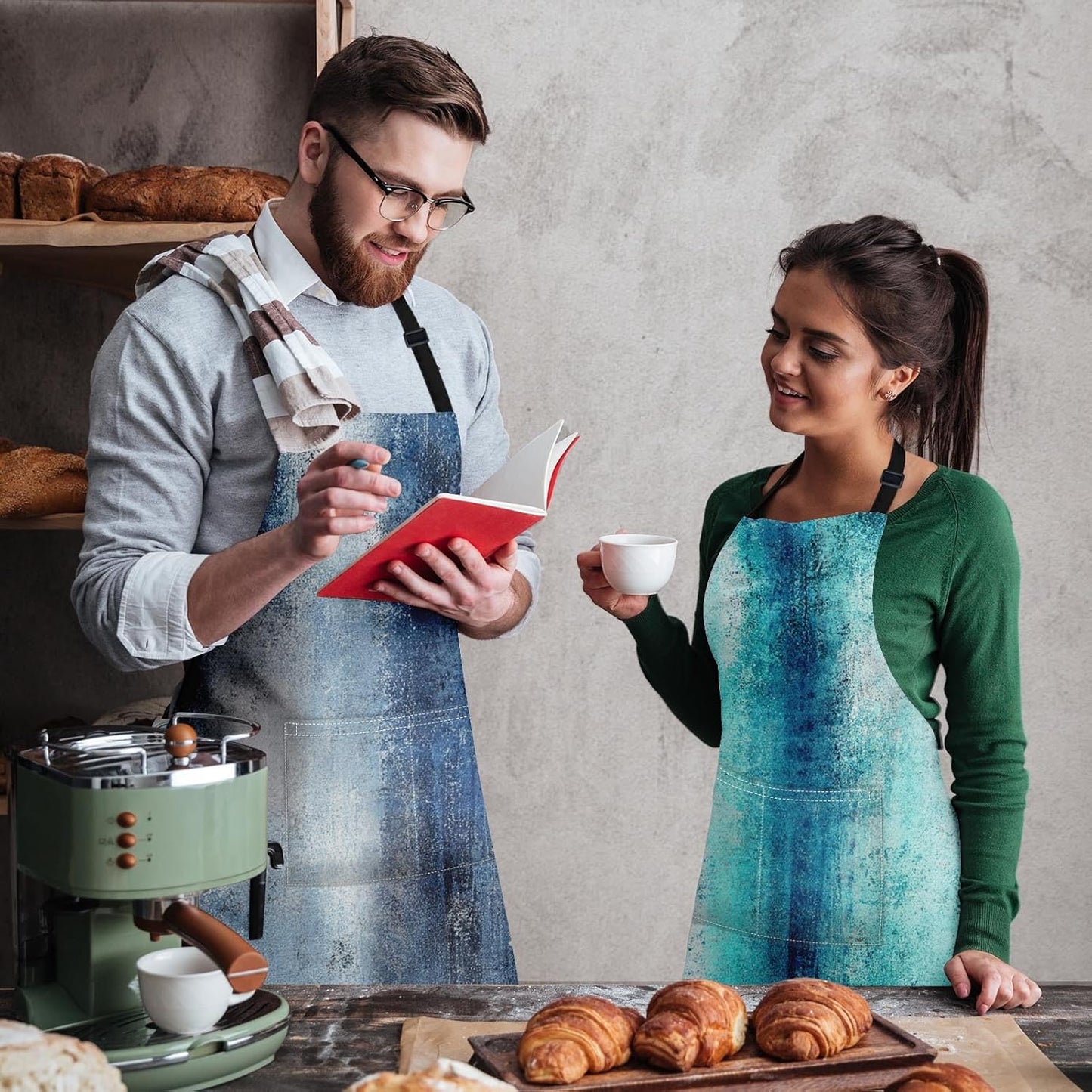 Britimes 2 Pack Aprons, Abstract Oil Paint Adjustable Bib Aprons with 2 Pockets for Women Men Couple Lovers Chef Home Kitchen Cooking Baking Gardening Teal Blue Apron 32x28 Inches