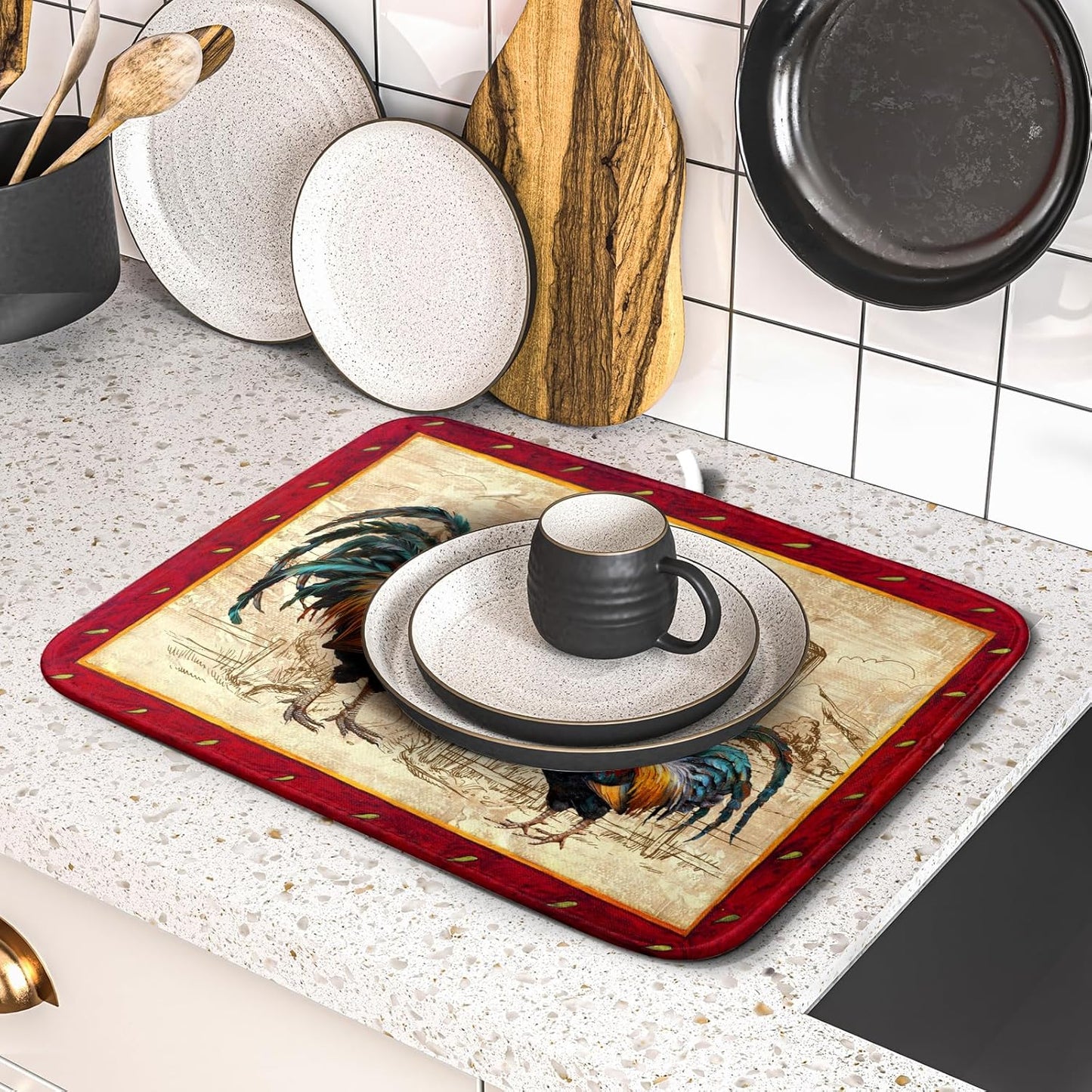 Farm Rooster Dish Drying Mat for Countertop 16x18 Inches Red Rustic Chicken Absorbent Microfiber Dry Dishes Pads Kitchen Counter Accessories