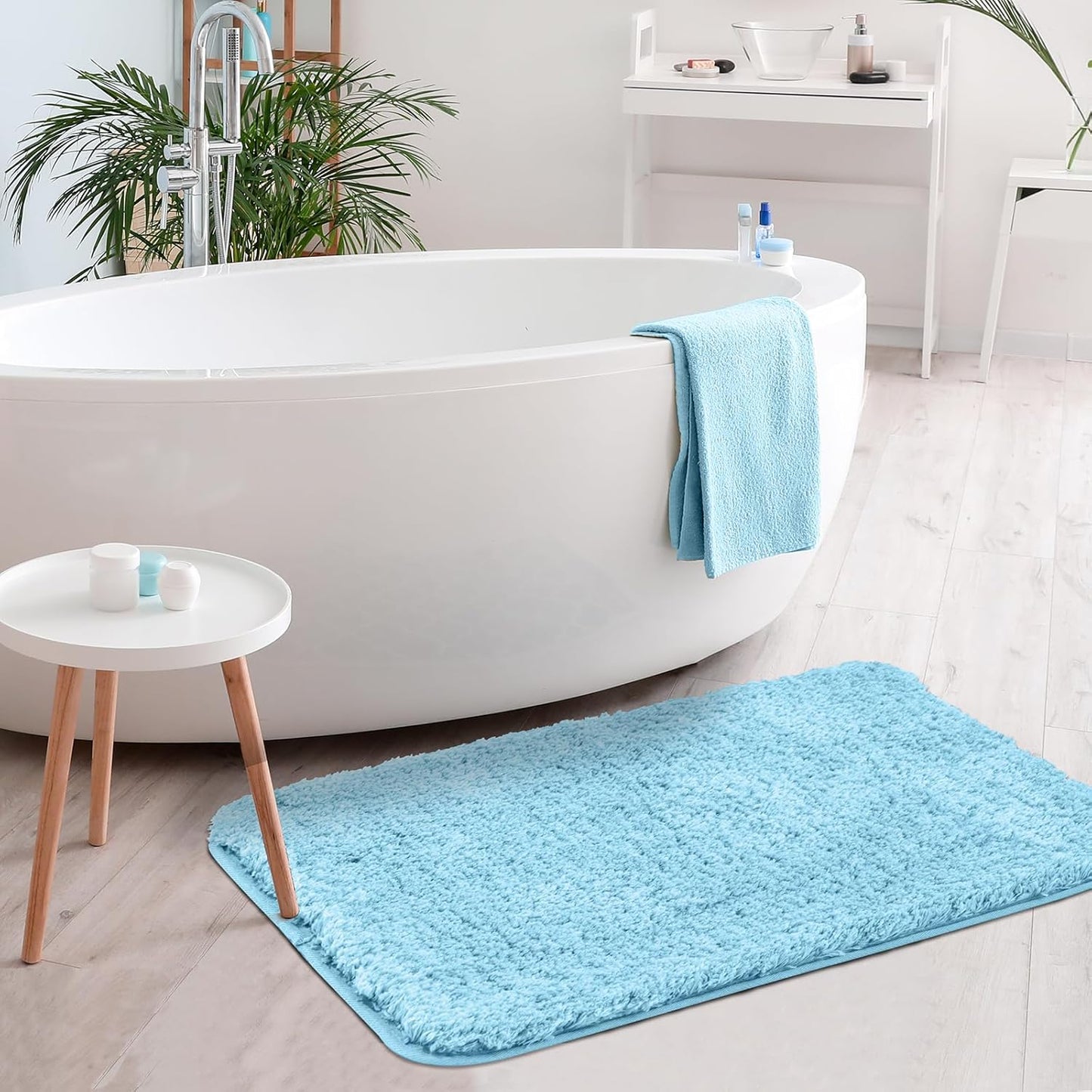 ROSMARUS Shaggy Bath Rugs for Bathroom Non Slip 28" X48", Water Absorbent Extra Long Bath Mat, Soft Shower Mat for Floor & Tub, Fluffy Plush Rug Machine Washable, Blue
