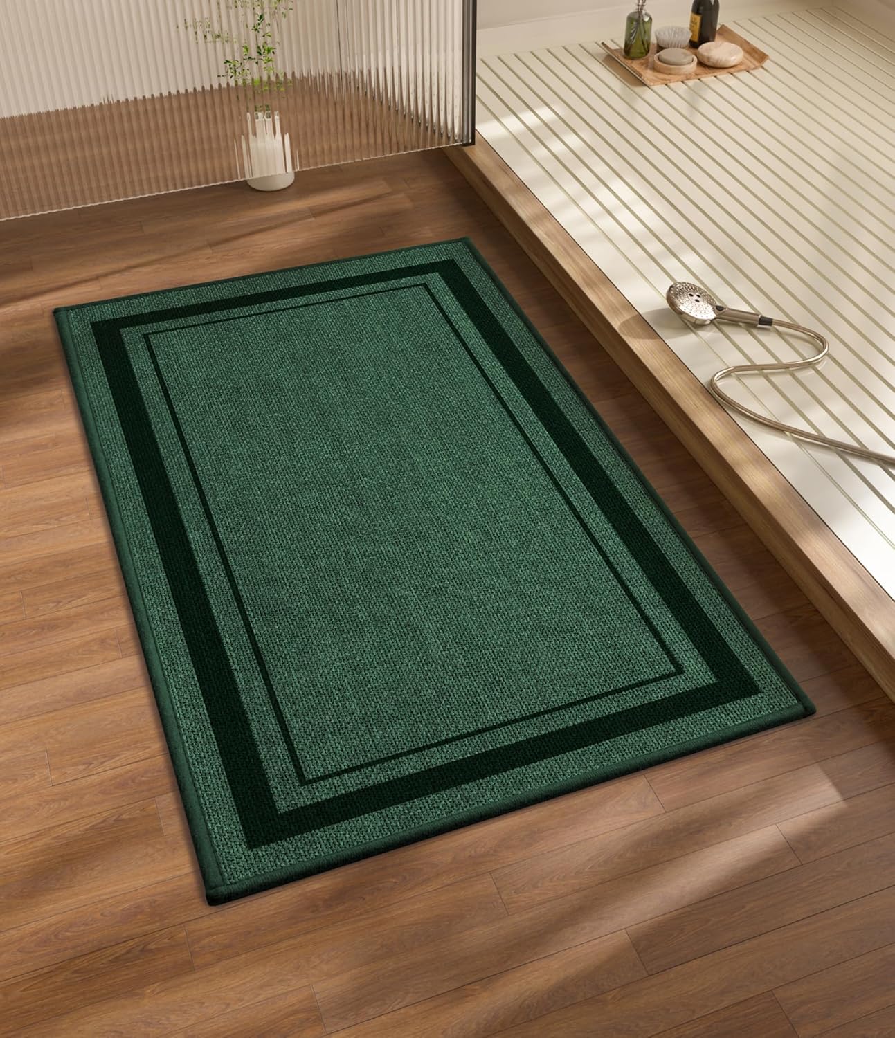 chakme Bathroom Rugs Mat 32x17, Ultra Thin Non Slip Bath Mat Quick Dry Absorbent Bath Mat for Bathroom Floor, (Dark Green, 32"x17")