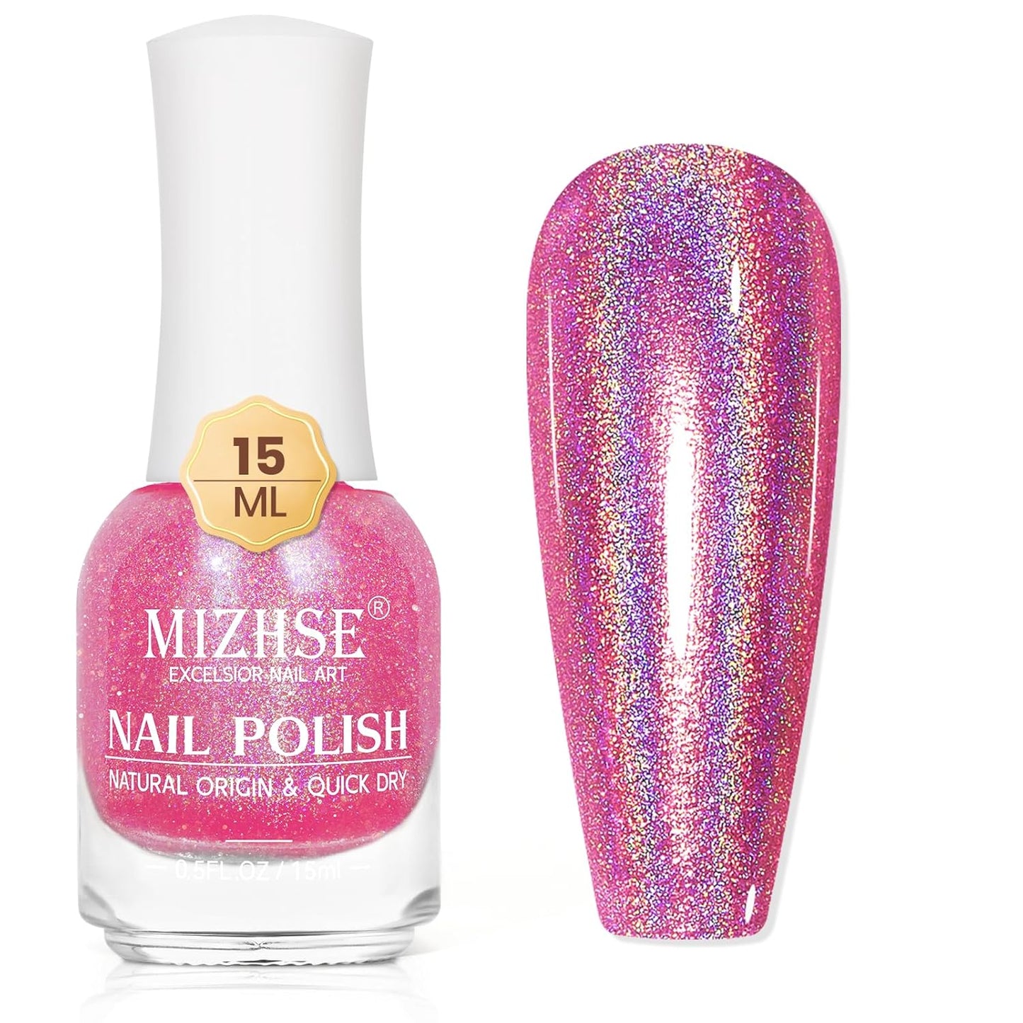 MIZHSE Holographic Nail Polish, Pink Glitter Nail Polish Air Dry Fast, 15 ml High Glossy Shimmer Nail Pigment Oil-based Laser Iridescent Nail Lacquer Chrome Halo Nail Art Salon Manicure Home