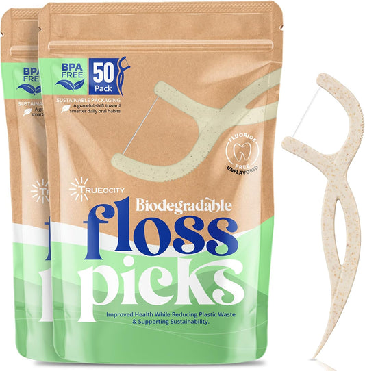 Biodegradable Floss Picks, Natural & Organic Floss Picks, Eco-Friendly Tooth Flossers, Ideal for Adults, Gentle & Effective Flossing, Fresh Breath, Sustainable Oral Care (100 Units)