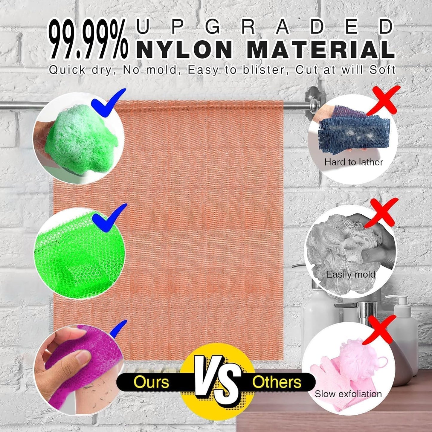 UJFQBH 3 Pieces African Bath Sponge African Net Long Net Bath Sponge Exfoliating Shower Body Scrubber Back Scrubber Skin Smoother,Great for Daily Use (Purple， Pink，Green)