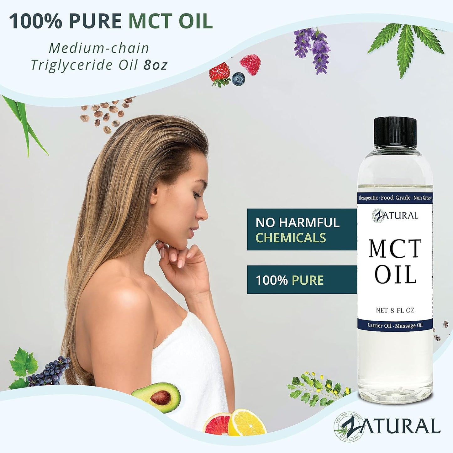 Pure MCT Oil, Carrier Oil, Massage Oil, Hydrating Oil, Hair Oil, Food and Therapeutic Grade, 8 Oz