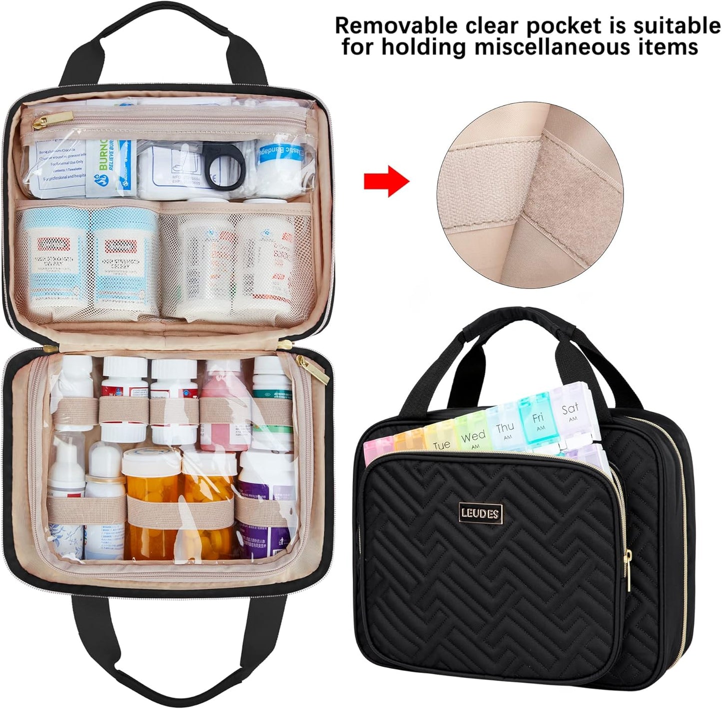 Leudes Travel Pill Bottle Organizer,Medicine Organizer and Storage,Home Medication Bag, Cases,Carrier for Pills,Vitamin,Fish Oil,Supplements for Women and Men (Medium, Black)