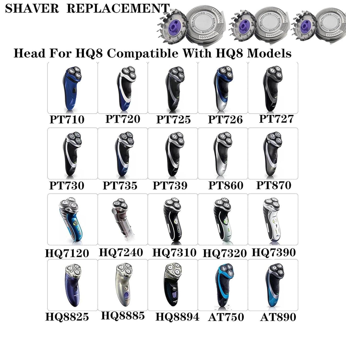 HQ8 Replacement Heads blades for Aquatec Shavers HQ8 Replacement Razor Blades Compatible with Shavers AT810 AT880 PT720 AT815 HQ8505 Heads 12-Pack