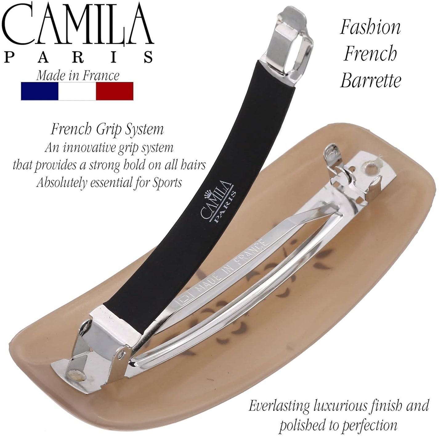 Camila Paris CP3438 French Hair Barrette Clip for Girls, Rubberized Automatic Clasp Strong Hold Grip Hair Clips for Women, No Slip and Durable Styling Girls Hair Accessories, Made in France (Beige)